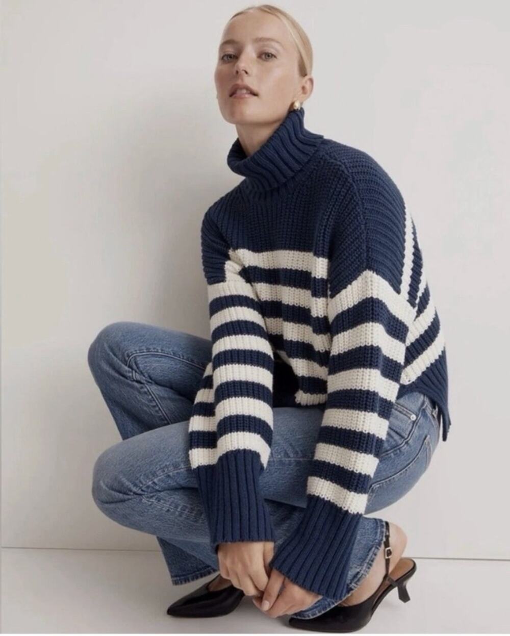 Madewell Womens XS Blue White Stripe Turtleneck Knit Pullover Sweater Cozy